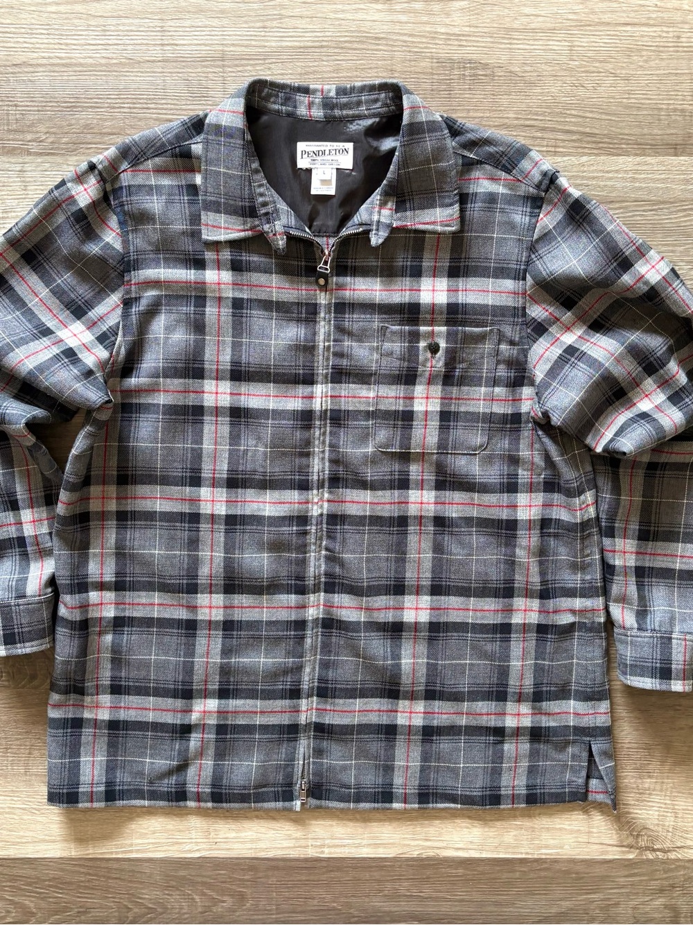 Pendleton Men's Grey Red Plaid Full Zip Wool Shirt Jacket Shacket L